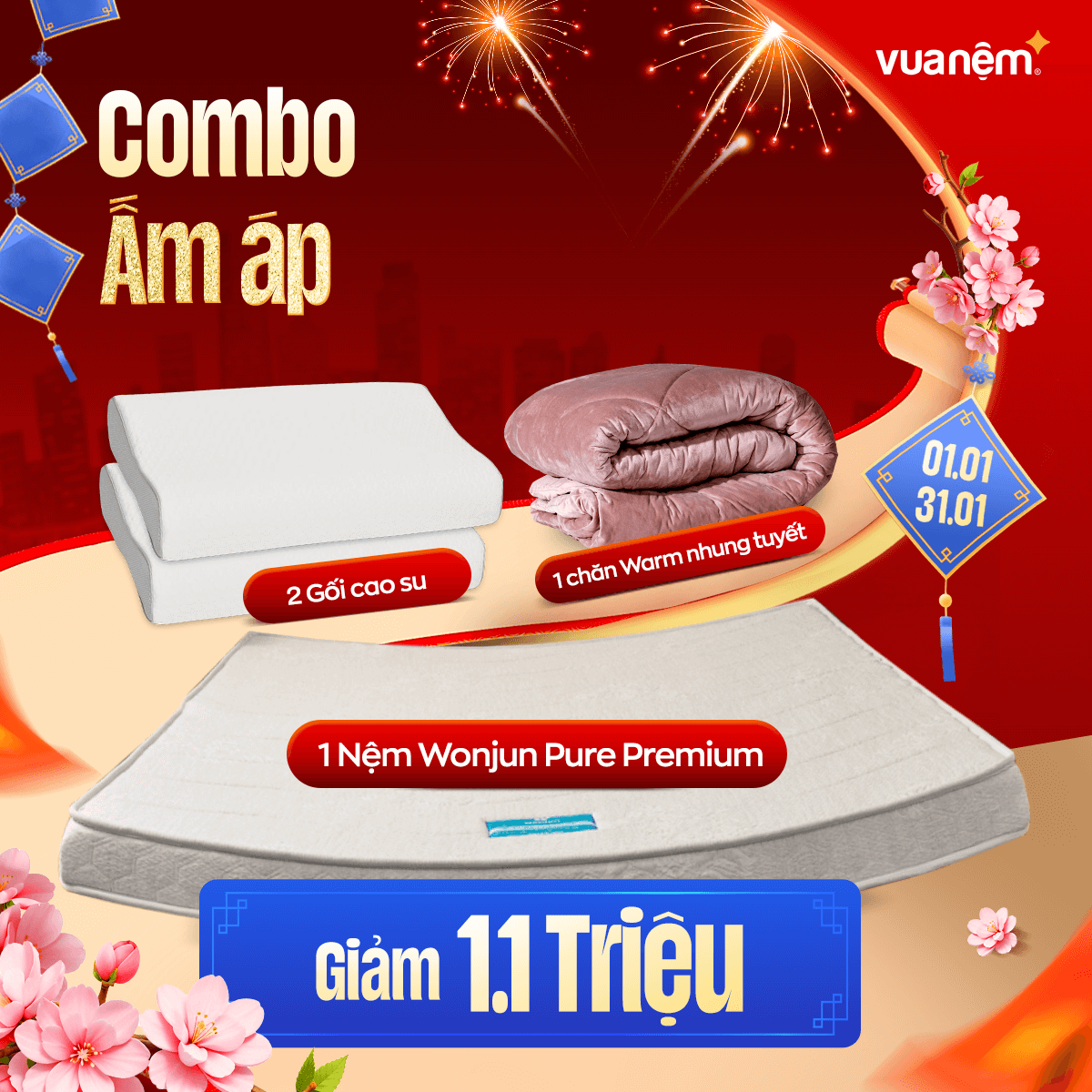 Combo Ấm Áp: 1 đệm Wonjun Pure Premium, 1 chăn đông, 2 gối contour